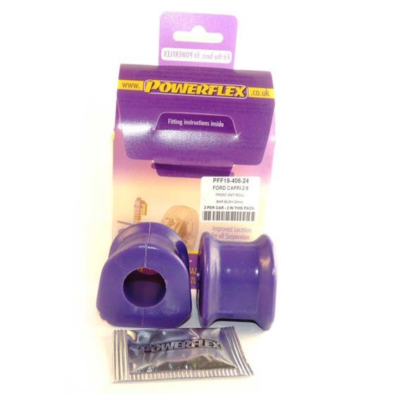 Purple polyurethane anti-roll bar bushes in a pack of two, featuring fitting instructions, labeled for a 24mm size, with a small sachet included for installation.