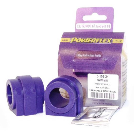 Purple anti-roll bar bushes made of durable rubber, designed for 24mm front bars, packaged in a box with fitting instructions, labeled for BMW Mini, includes two bushes per pack.