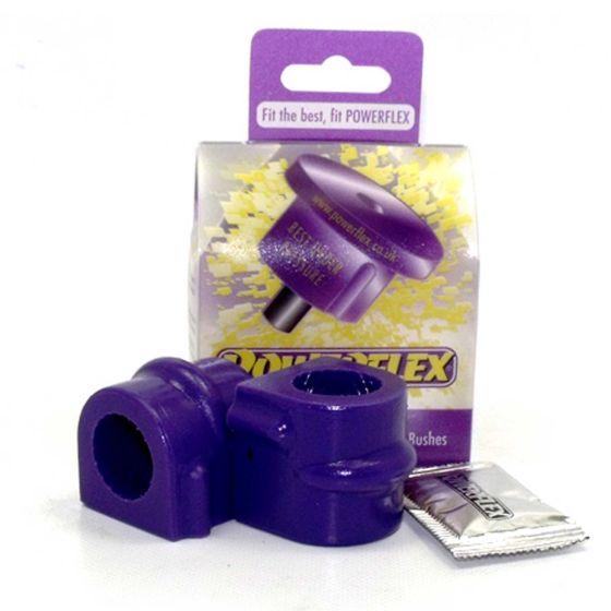 Purple polyurethane anti-roll bar bushes, designed for 25mm bars, with a packaging featuring the Powerflex logo and a small sachet included.