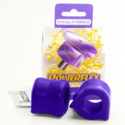 Purple polyurethane anti-roll bar bushes in a pack of two, designed for front suspension, displayed with a branded box and installation grease packet.
