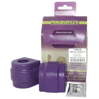 Purple polyurethane anti-roll bar bushes, 26mm diameter, displayed in a clear plastic packaging with a Powerflex logo and fitting instructions included.