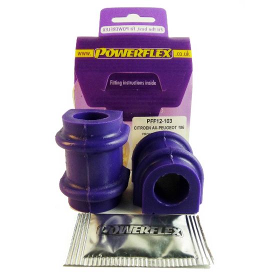 Purple polyurethane anti-roll bar bushes, designed for front suspension, packaged with fitting instructions and a Powerflex sticker.