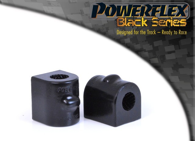 Black polyurethane anti-roll bar bushes, designed for performance, featuring a square shape with a central hole, labeled as Powerflex Black Series, suitable for 18mm bars.