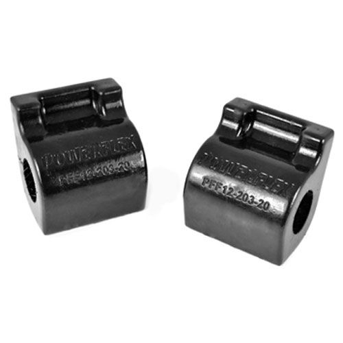 Black rubber anti-roll bar bushes, featuring a sturdy design with a smooth finish, labeled "POWERFLEX" and marked with part number "PFF12-203-20."
