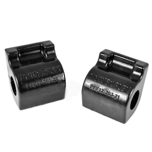 Black polyurethane front anti-roll bar bushes, designed for 21mm bars, featuring a robust, durable construction with engraved branding, sold in a pack of two.