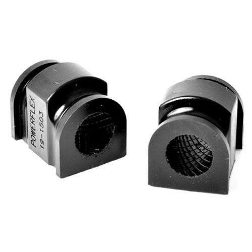 Black polyurethane front anti-roll bar bushes, designed for 22mm bars, featuring a textured inner surface and a compact, rounded shape, sold as a pack of two.