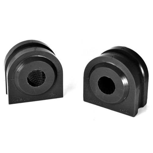 Black polyurethane front anti-roll bar bushes, designed for a 25.6mm diameter, featuring a smooth finish and a hollow center, sold in a pack of two.