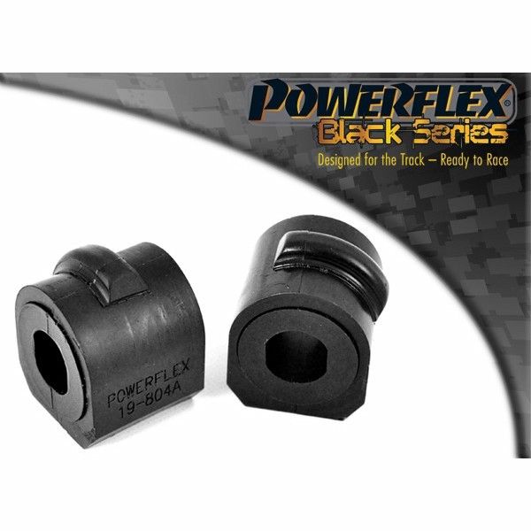 Black polyurethane front anti-roll bar bushes from Powerflex, featuring a smooth finish and a distinctive shape, labeled with "POWERFLEX 19-804A."