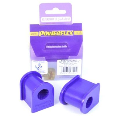 Purple polyurethane front anti-roll bar bushes, measuring 18.5mm, packaged with fitting instructions in a clear plastic blister pack.