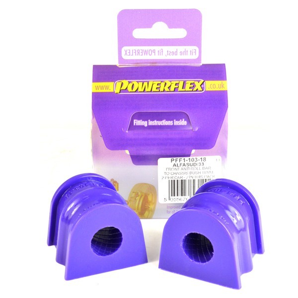 Purple polyurethane front anti-roll bar bushes, designed for 18mm diameter, packaged with fitting instructions, featuring a distinctive shape and a branded backing card.