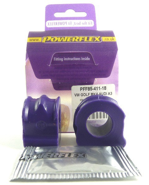 Purple polyurethane front anti-roll bar bushes in a pack of two, with a fitting instructions card and a silver packaging, designed for VW Golf MK4 and Audi A3 models.