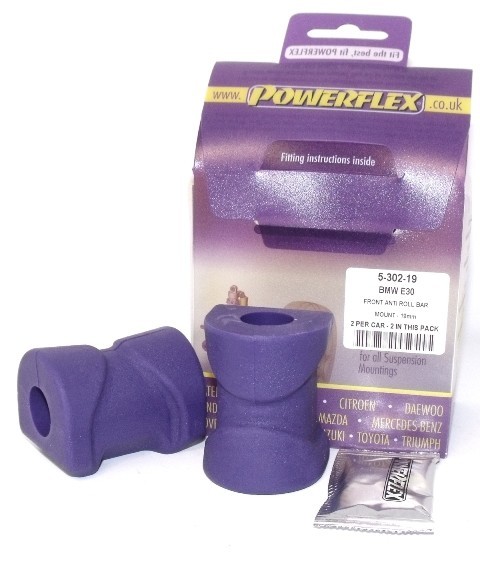 Purple polyurethane front anti-roll bar bushes, designed for 19mm bars, displayed alongside packaging with fitting instructions and product details.