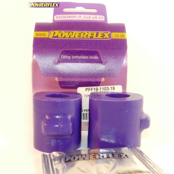 Purple polyurethane front anti-roll bar bushes, designed for 19mm bars, packaged with fitting instructions, featuring a durable construction and a sleek design.