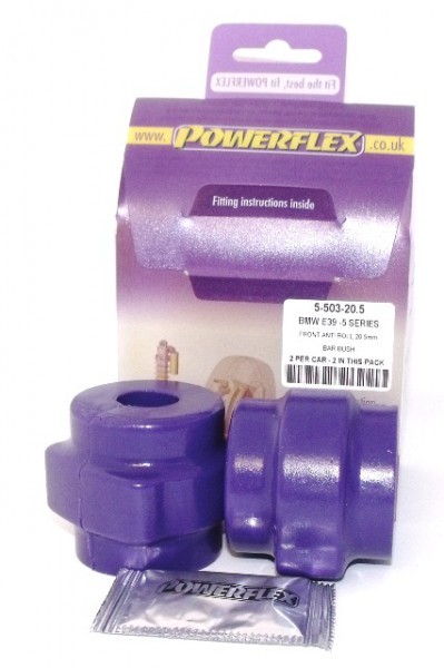 Purple polyurethane front anti-roll bar bushes, designed for BMW E39 5 Series, packaged with fitting instructions and a small sachet, labeled with product details.