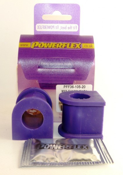 Purple polyurethane front anti-roll bar bushes, 20mm, in a pack of two, with a silver packet of fitting grease, displayed on a purple and white branded backing card.