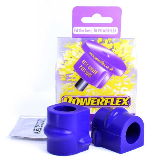 Purple polyurethane anti-roll bar bushes, two pieces, featuring a cylindrical shape and a cut-out section, packaged with a branded card and a sachet.