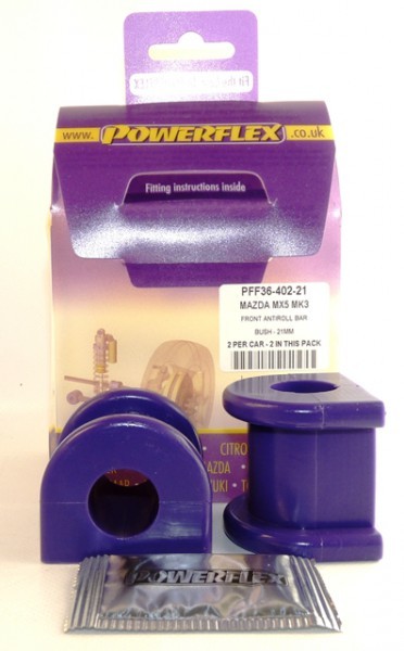 Purple polyurethane front anti-roll bar bushes, 21mm, packaged in a box with fitting instructions, includes two bushes and a small packet, designed for Mazda MX5 MK3.