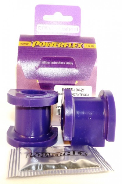 Purple polyurethane front sway bar bushings for Honda Civic/Del Sol and Acura Integra, packaged with fitting instructions and a small sachet.