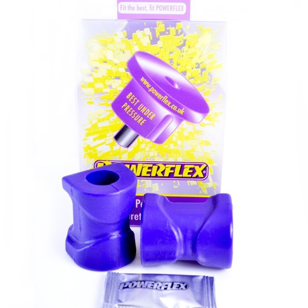 Purple polyurethane anti-roll bar bushes, designed for front suspension, displayed with packaging featuring bright yellow graphics and the Powerflex logo.