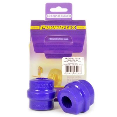 Purple polyurethane front anti-roll bar bushes, designed for 22.5mm diameter, packaged in a card with fitting instructions and labeled as Powerflex, positioned in a diagram.