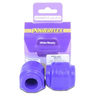 Purple rubber anti-roll bar bushes, designed for a 23.5mm diameter, packaged in a branded Powerflex card with a lifetime warranty label.