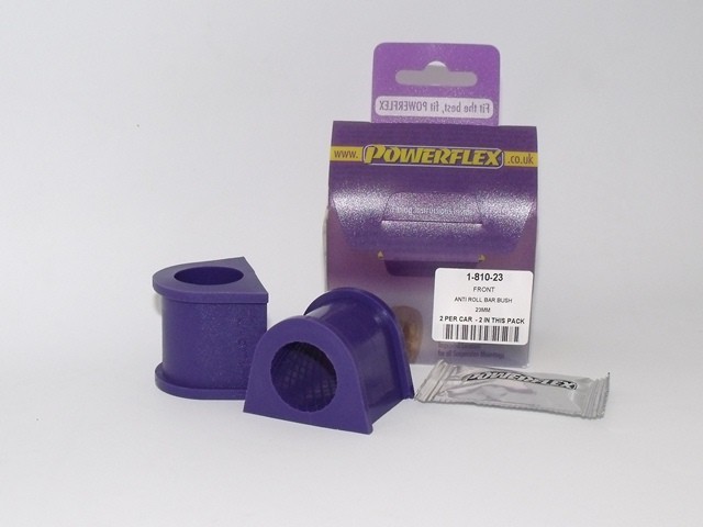 Purple polyurethane front anti-roll bar bushes, two pieces in pack, with a labeled packaging featuring "Powerflex" branding and a diagram reference.