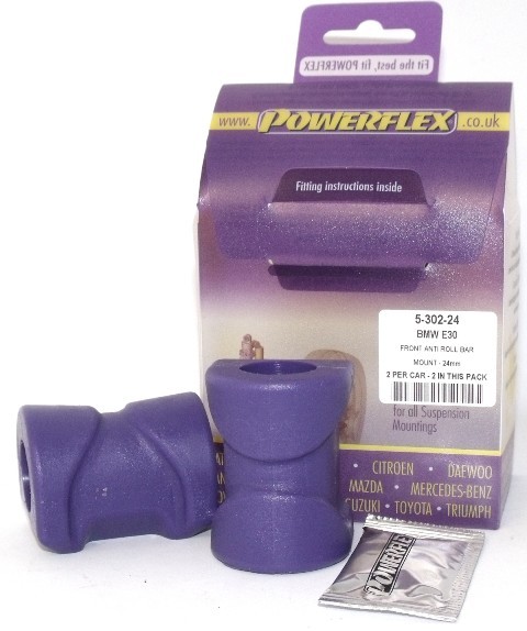 Purple front sway bar bushings for BMW E30 (1984-1991), made by Powerflex, displayed with packaging and fitting instructions, featuring a durable rubber-like material.