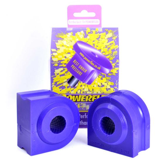 Purple polyurethane front anti-roll bar bushes, featuring a unique design and textured surface, packaged with a colorful Powerflex card displaying branding and product information.