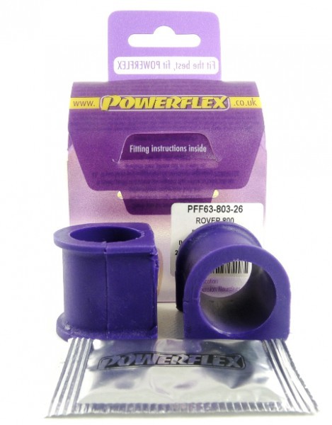 Purple polyurethane front anti-roll bar bushes, 26mm, packaged in a branded box with fitting instructions and a protective bag underneath.