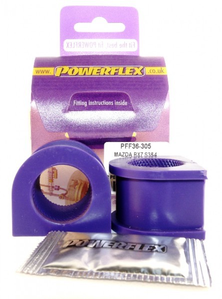 Purple rubber anti-roll bar bushes, labeled PFF36-305, with a packet of grease, packaged in a purple box featuring fitting instructions.