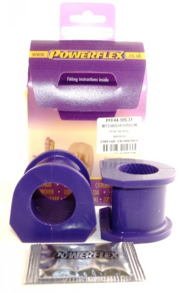 Purple polyurethane front anti-roll bar bushes, 31mm, packaged with fitting instructions, featuring a distinctive shape and labeled for easy identification.