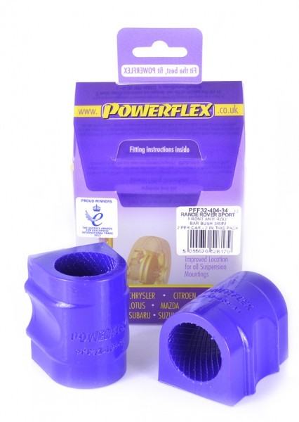 Purple polyurethane front sway bar bushings for Range Rover Sport, featuring a textured interior for improved suspension performance, packaged with fitting instructions.