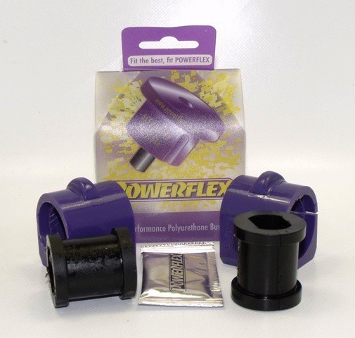 Purple and black polyurethane anti-roll bar bushes in a pack of two, featuring a sleek design and a small packet of grease, displayed in front of a vibrant Powerflex branded background.