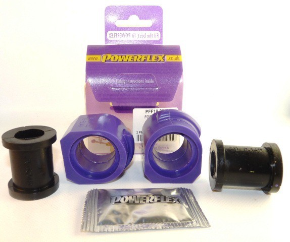 Purple and black polyurethane front anti-roll bar bushes in a pack of two, accompanied by installation instructions and a Powerflex branded sachet.