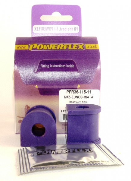 Purple polyurethane rear anti-roll bar bushes, 11mm, packaged in a clear plastic bag with a purple cardboard backing, labeled with fitting instructions and product details.