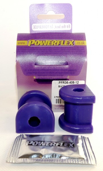 Purple polyurethane rear sway bar bushings for Mazda Mk3, packaged in a Powerflex box, includes two bushings and a small packet of lubricant.