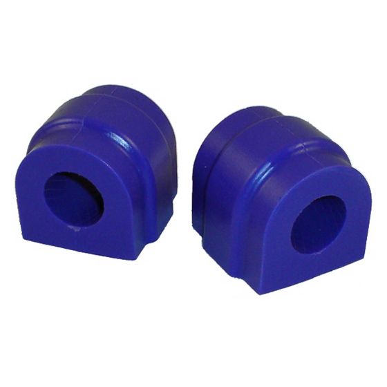 Purple polyurethane rear anti-roll bar bushes, designed for 14mm bars, featuring a rounded shape with a central hole, sold in a pack of two.