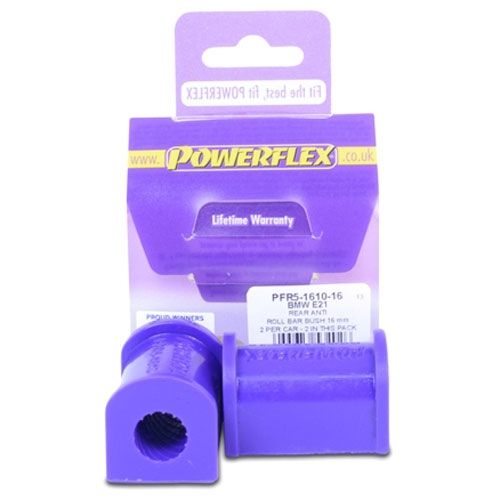 Purple polyurethane rear anti-roll bar bushes, packaged in a card with Powerflex branding, labeled for BMW E21, featuring a lifetime warranty.