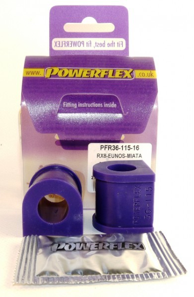 Purple polyurethane rear anti-roll bar bushes, labeled PFR36-115-16, packaged with fitting instructions and a silver foil packet, designed for 16mm applications.
