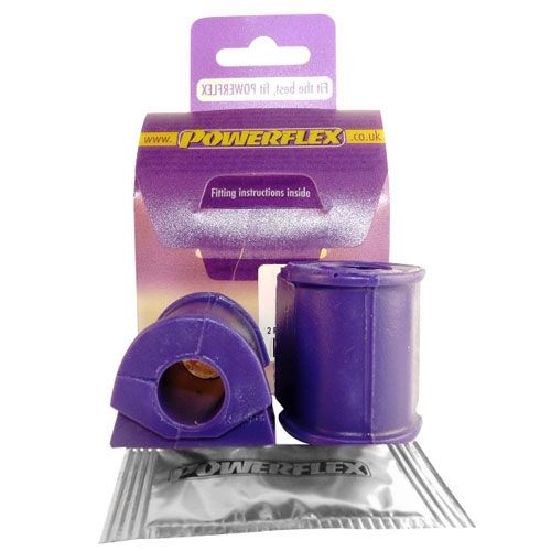 Purple polyurethane rear anti-roll bar bushes, 17mm, packaged with fitting instructions, featuring a distinctive shape and a Powerflex logo on the backing card.