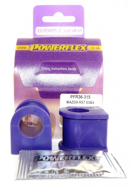 Purple rear sway bar bushings for Mazda RX7 (92-02) by Powerflex, packaged with fitting instructions, featuring a cylindrical shape and a small packet of lubricant.