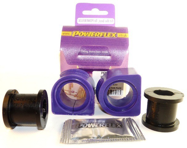 Purple and black rubber anti-roll bar bushes with a pack label, including installation instructions and a small packet, designed for 18mm bars.