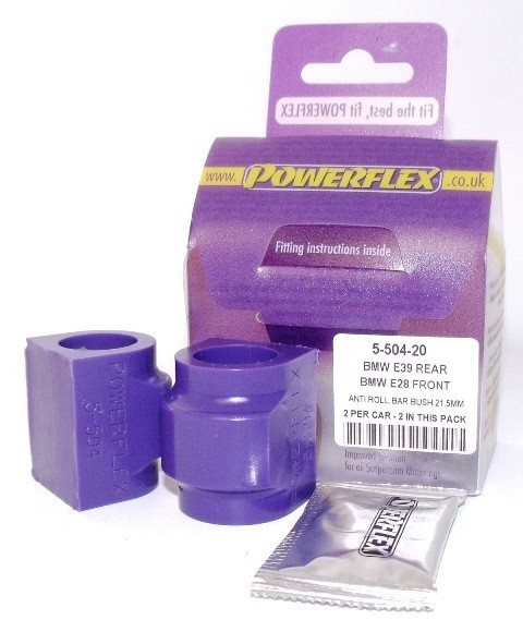 Purple polyurethane anti-roll bar bushes, two pieces, labeled for BMW E39, with fitting instructions and a small sachet included in the pack.