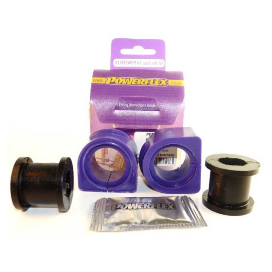 Purple and black polyurethane anti-roll bar bushes, featuring two cylindrical pieces and a square one, packaged with a small sachet, labeled Powerflex.