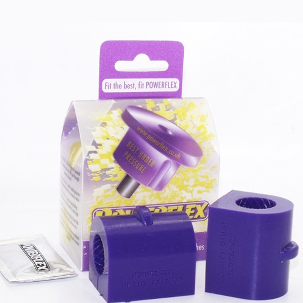 Purple polyurethane rear anti-roll bar bushes, packaged in a branded box with a graphic design, includes two bushes and a sachet of lubricant.