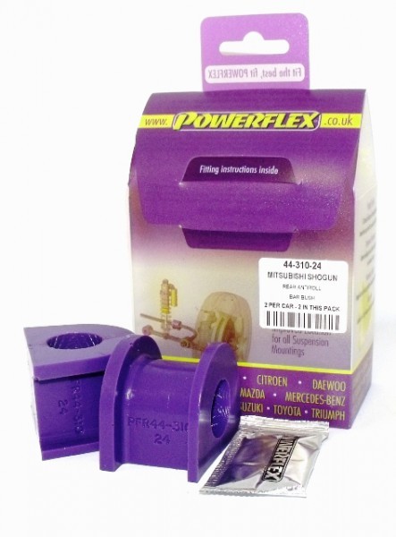 Purple polyurethane anti-roll bar bushes in a pack of two, labeled for 24mm size, displayed with fitting instructions and a small sachet, in a branded Powerflex box.
