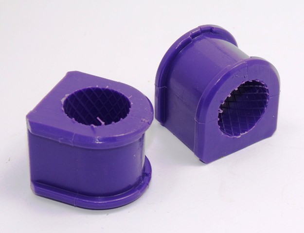 Purple polyurethane bushings designed for the rear sway bar of a Mazdaspeed3 (2007-2013), featuring a textured interior for enhanced grip and stability.