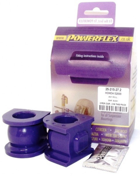 Purple rubber anti-roll bar bushes with a 27.2mm diameter, packaged in a box labeled "Powerflex," including fitting instructions and a sachet of grease.