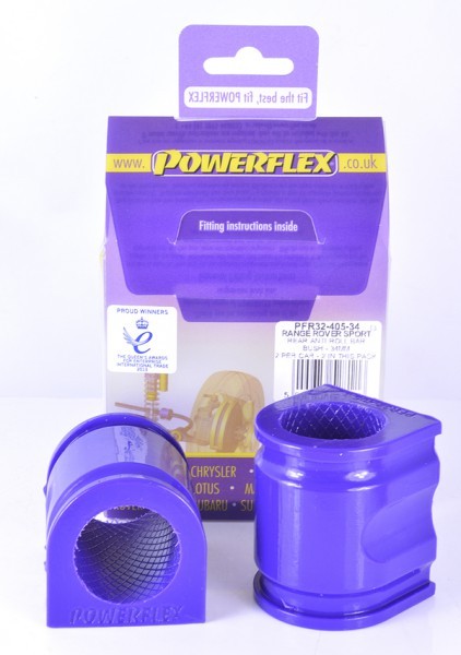 Purple polyurethane rear sway bar bushings for Range Rover Sport (05-13), featuring a textured surface and a unique design, packaged with fitting instructions.