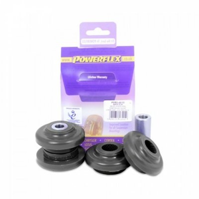 Powerflex rear upper and lower arm outer bushings for BMW E36, E46, Z4, and X3, featuring durable black rubber material and a compact design, packaged in a purple and white box.